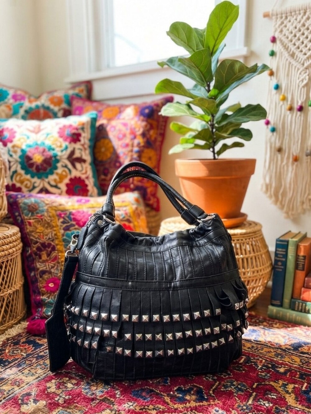 Luxe Lambskin Leather Silver Studded Fringe Shoulder Bag w/Matching Coin Pouch